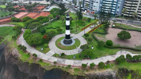 Spot-aerial-view-of-Miraflores-Lighthouse,-in-Lima,-Peru