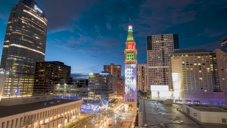 Time-lapse-of-the-Daniels-and-Fisher-Tower-in-Denver,-Colorado-during-winter-time-with-artistic-images-projected-on-it-for-the-holidays