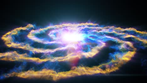 3D-Blue-and-yellow-glowing-spiral-Galaxy-with-energetic-bright-sun-or-quasar-in-center-rotating-through-outer-deep-interstellar-Space-Universe-with-black-background