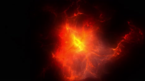 CGI-animation-of-a-Dark-glowing-red-orange-Nebula-or-Galaxy-with-bright-center-in-the-middle-floating-in-outer-deep-interstellar-Space-Universe-with-black-background