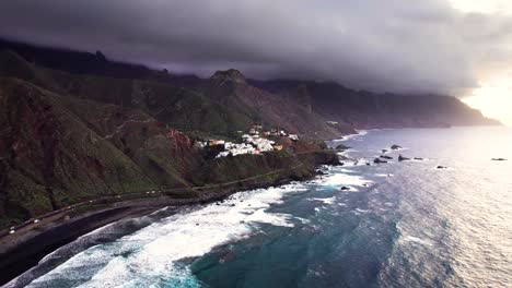 Aerial-panoramic-view-of-Tenerife-epic-coast-with-ocean-wave-at-sunset