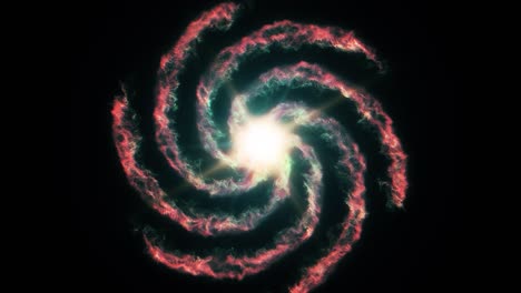 Red-and-Green-glowing-spiral-Galaxy-with-energetic-bright-sun-or-quasar-in-center-moving-away-from-the-camera-and-through-outer-deep-interstellar-Space-Universe-with-black-background