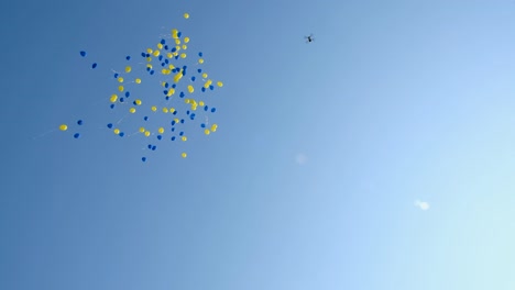 Gelbe-Und-Blaue-Luftballons-Fliegen-In-Den-Himmel