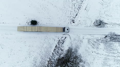Aerial-top-down-shot-of-long-truck-transporting-Cleared-wooden-tree-trunks-on-snowy-winter-day