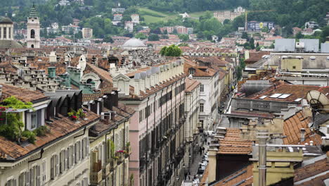 Static-shot-of-rooftops-and-street-in-centre-of-Italian-city-Turin-in-Europe