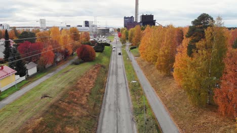 Aerial-view-of-Toppila-district-in-Oulu,-power-plant-in-the-background