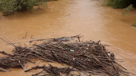 debris-and-accumulated-dirt-in-the-flooded-muddy-riverbed,-after-heavy-rains-in-forest-area