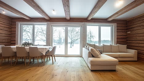 Modern-rustic-interior-of-a-cozy,-countryside-cabin-home-in-winter---wide-angle-panning
