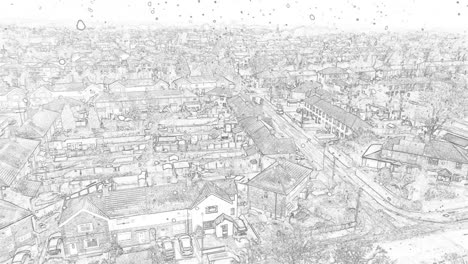 Black-and-white-sketch-snowflakes-falling-over-quiet,-peaceful-suburban-neighbourhood-houses,-aerial-view