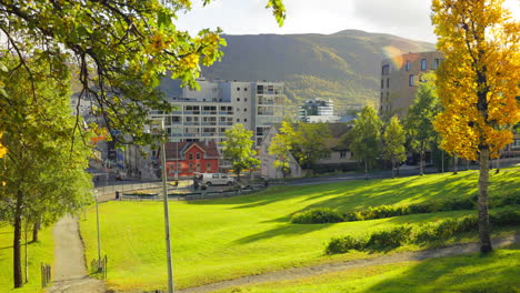 Vibrant-Autumn-Colors-In-The-City-Of-Tromso-During-Sunny-Day-In-Norway