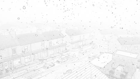 Black-and-white-sketch-snowflakes-falling-over-cars-parked-along-suburban-neighbourhood-street,-aerial-view