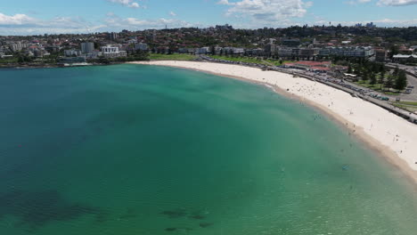 Aerial-Panorama-Of-Crescent-White-Sand-Bondi-Beach-In-Sydney,-Australia