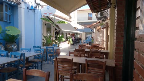Beautiful-greek-street-scene,-Restaurant-esplanades-in-a-picturesque-alley,-Preveza