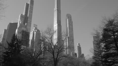Einfarbige-Wolkenkratzer-Im-öffentlichen-Central-Park-In-New-York,-Usa