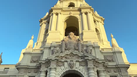 Pasadena-City-Hall,-California-USA,-Entrance-Exterior,-Facade-and-Details,-Low-Angle-Revealing-View-on-Golden-Hour-Sunlight