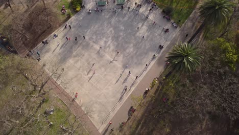 A-dynamic-top-down-aerial-shot-of-various-roller-skaters-playing-around-the-bowl-shaped-skatepark
