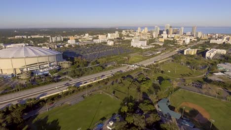 4K-Aerial-Drone-Video-of-Interstate-next-to-Domed-Stadium-of-Tampa-Bay-Devil-Rays-in-Downtown-St