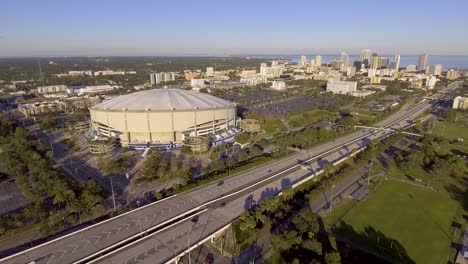 4K-Aerial-Drone-Video-of-Interstate-next-to-Domed-Stadium-of-Tampa-Bay-Rays-in-Downtown-St