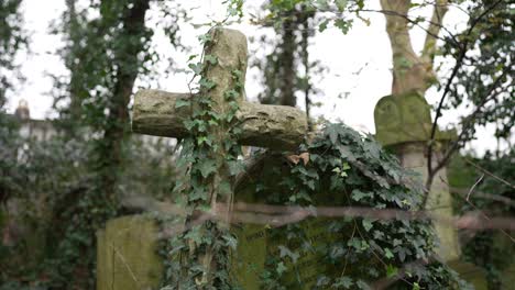 Cross-and-gravestone-covered-in-moss-and-green-leaves-in-a-forest-graveyard-on-a-cloudy-day