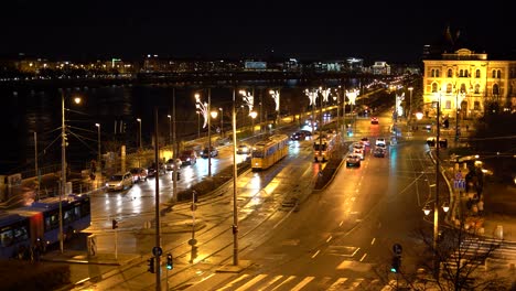 Nightlife-Traffic-at-City-Center-with-Tram
