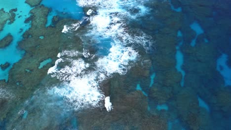 A-drone-shot-of-a-blue-lagoon-reef-with-waves-crashing-during-the-day,-displaying-the-crystal-clear-water,-colorful-coral-reef,-and-the-dynamic-waves-in-a-breathtaking-aerial-view