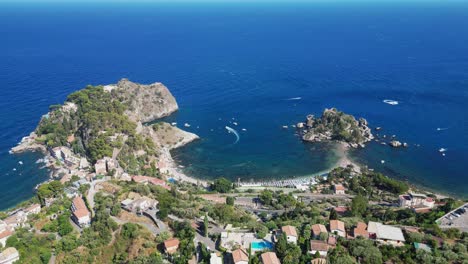 Isola-Bella-Island-and-beach-in-Taormina,-Sicily,-Italy---Aerial-4k
