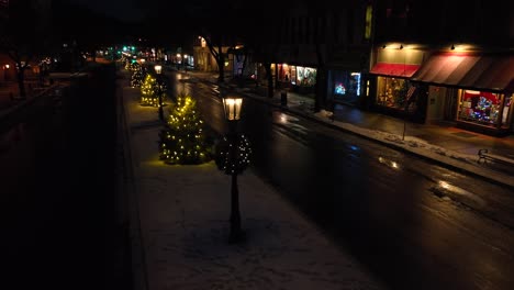 Christmas-trees-on-street-with-snow-in-early-morning
