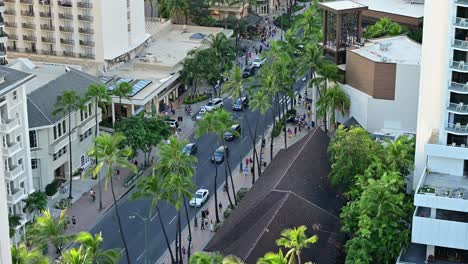 View-looking-down-on-Kalakaua-Avenue-in-Waikiki-during-the-evening