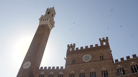 Siena-Bell-Tower-and-Town-hall,-Piazza-del-Campo-on-sunny-summer-morning,-slow-motion