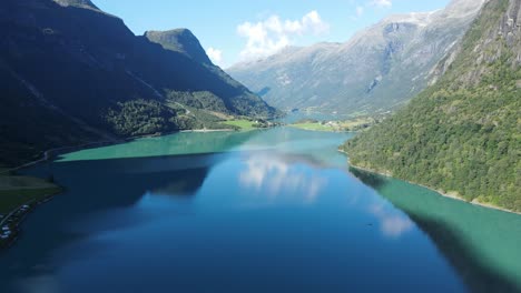 Oldevatnet-glacier-lake-in-Norway.-Drone-footage
