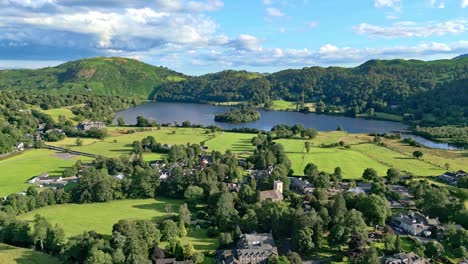Cinematic-aerial-drone-view-of-the-Lakeland-town-of-Grasmere