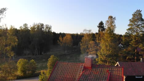 Drone-footage-of-a-smoking-chimney-from-a-family-house-in-Sweden