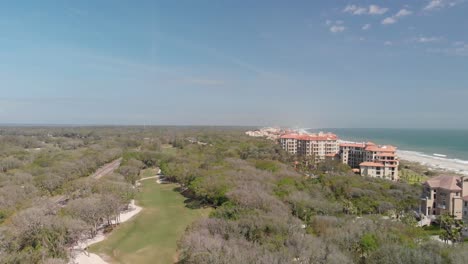 Aerial-view-of-forest-of-Amelia-Island-with-resorts-and-the-ocean-the-background