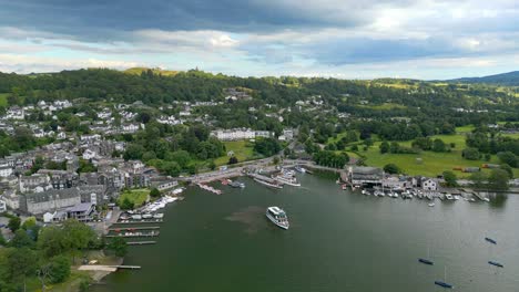 Cinematic-aerial-view-of-the-busy-town-of-Bowness-on-Windermere