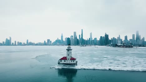 powerful-aerial-of-winter-chicago-from-Chicago-Harbor-Light-point-of-view-4k