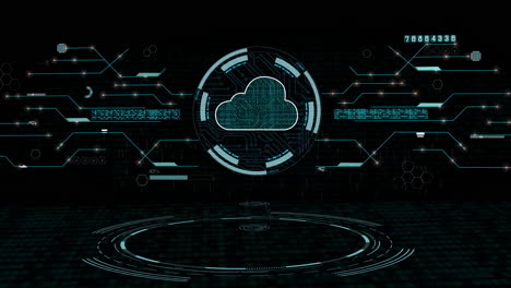 Digitale-Daten-Des-Cybersicherheitshologramms-Von-Futuristisch-Und-Technologie-Des-Cloud-Computing,-Grüne-Schaltungselektronik