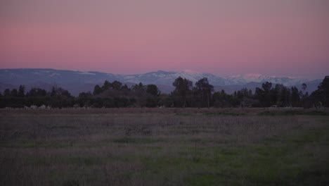 A-pastel-sky-over-the-Sierra-Nevada-mountains-with-power-lines-and-trees-in-the-foreground-in-Clovis,-CA,-USA