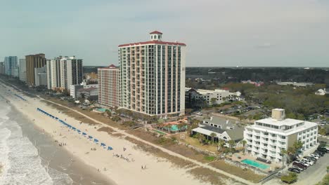 Long-Sandy-Bay-Of-Myrtle-Beach-With-Hotels-And-Resorts