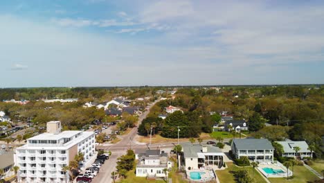 Aerial-view-of-landscape-of-town-at-the-coast-of-Myrtle-Beach-showing-its-buildings-and-trees-that-surround-it