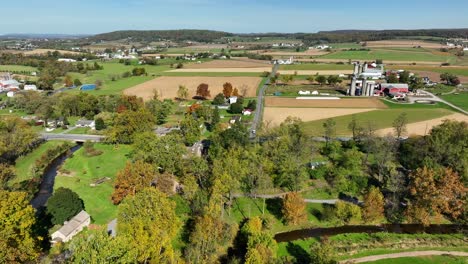 Aerial-view-in-autumn-of-farmland-in-USA-after-season-harvest
