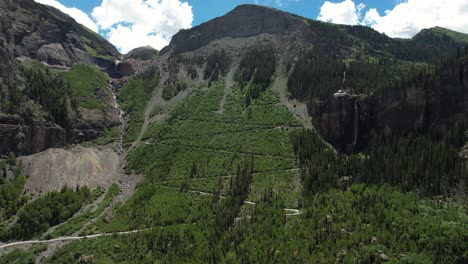 Aerial-View-of-Bridal-Veil-Falls-and-Hills-Above-Telluride-Valley,-Colorado-USA,-Drone-Shot