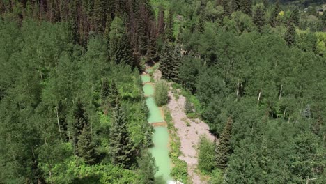Aerial-View-of-Telluride-Valley,-Green-Conifers-and-Turquoise-Water-in-Pools,-Colorado-USA