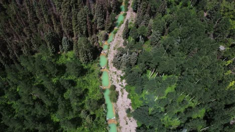 Aerial-View-of-Turquoise-Water-in-Pools-Surrounded-by-Forest-in-Telluride-Valley,-Colorado-USA,-Birds-Eye-Drone-Shot