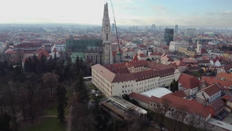 Aerial-view-of-the-city-Zagreb,-in-Croatia-with-the-cathedral-and-museum-in-the-foreground