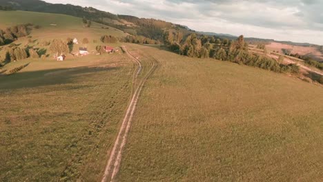 Aerial-FPV-racing-drone-flying-down-the-hill-in-between-the-trees-and-above-an-unpaved-road-in-a-beautifully-sunlit-scenery-with-trees-casting-long-shadows