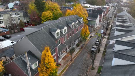 Aerial-rising-shot-with-tilt-down-revealing-townhouses-in-city-suburb-surrounded-by-bright-yellow-leaves-in-autumn