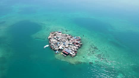 Santa-Cruz-del-Islote-Artifical-Island-in-Columbia-Ocean-Caribbean,-Aerial-Drone-View