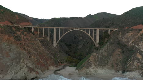 Bixby-Creek-Bridge-In-Big-Sur,-California,-Aerial-View,-Pacific-Ocean