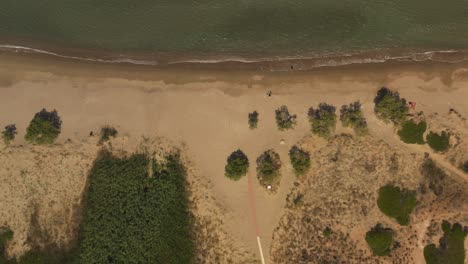 Ein-Blick-Aus-Der-Vogelperspektive-Auf-Einen-Sandstrand-Mit-Ein-Paar-Bäumen-Und-Kleinen-Wellen-Von-Der-Insel-Sifnos