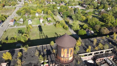 Old-Packard-Plant-with-rustic-water-in-Detroit,-aerial-orbit-view